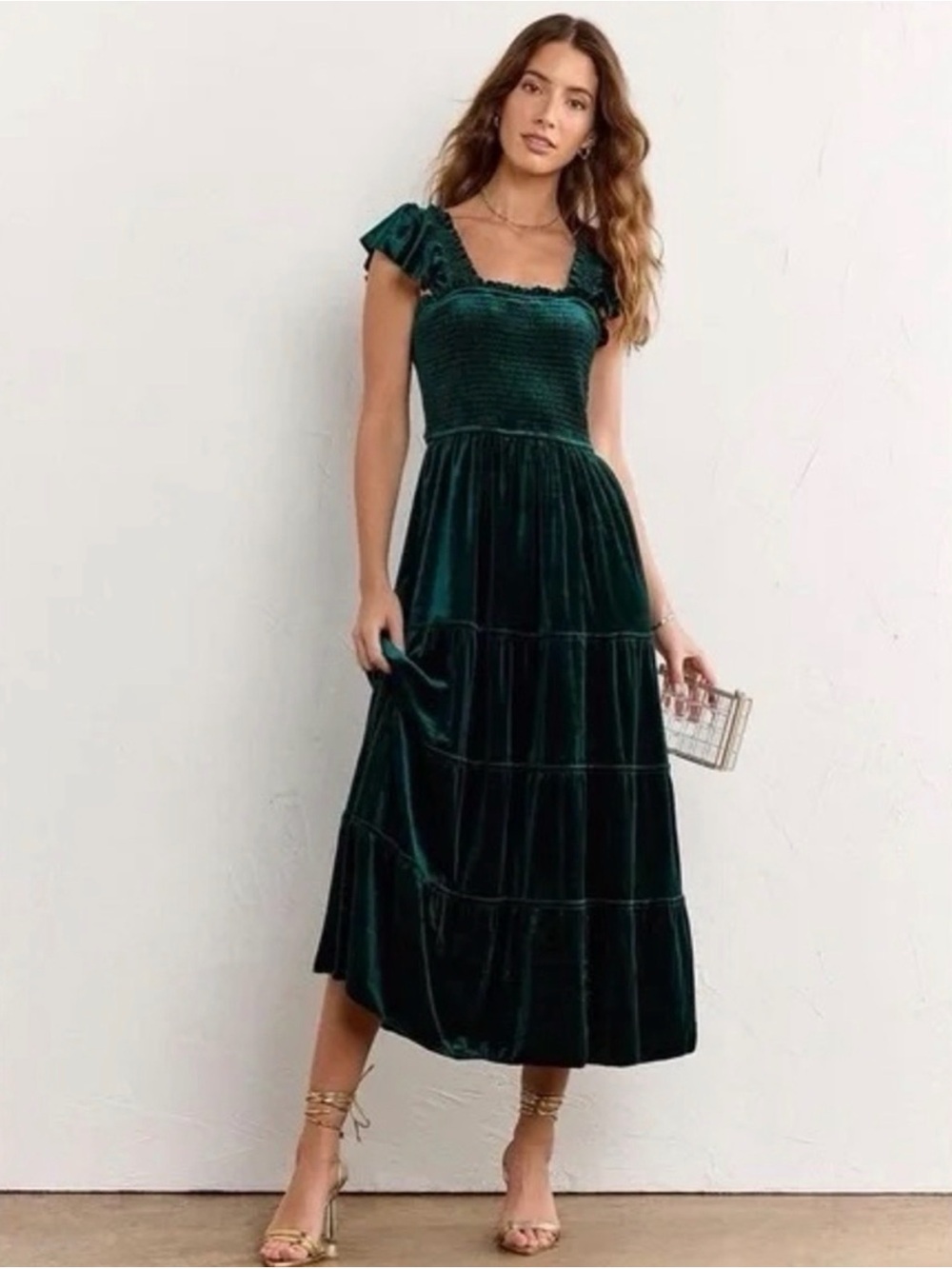 Hill House Dark Green Velvet Square-Neck Midi Dress